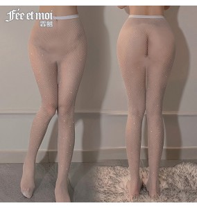 FEE ET MOI Bling Fishnet Hollow Waist High Stockings (White)